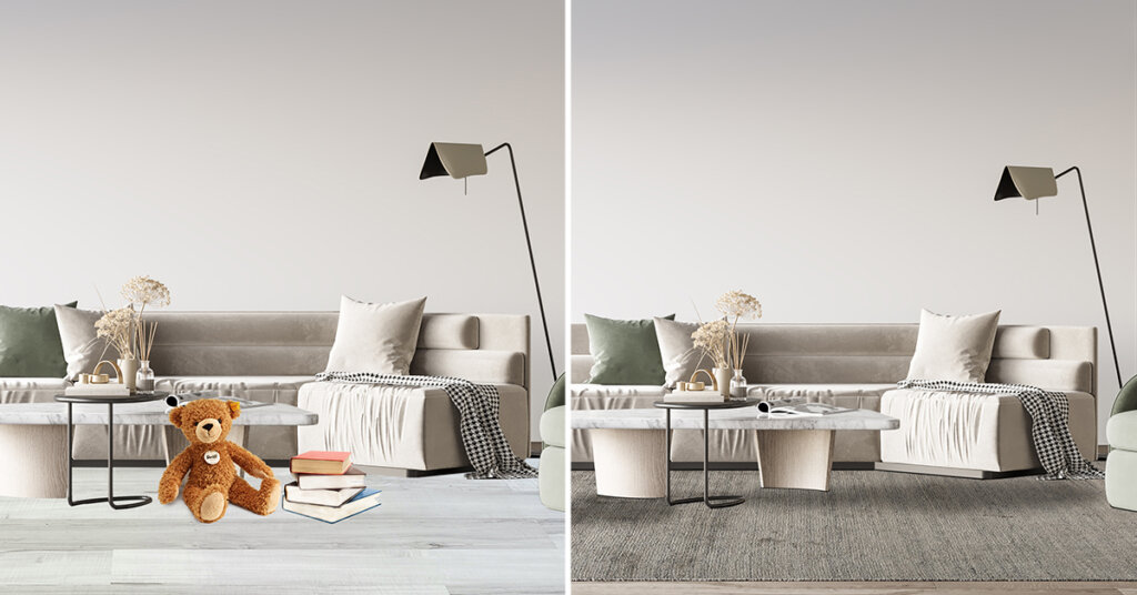 2.first image of an enormous living room which is unorganized the second image will be an organized living room with a large area rug. incredible makeovers for a living room