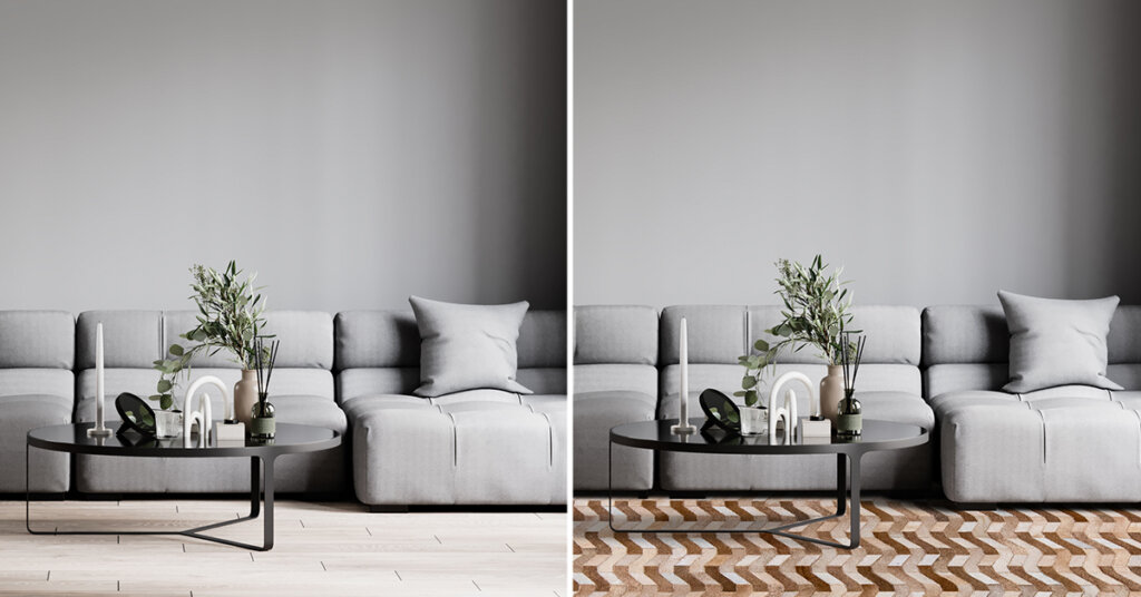4. First image is of a plain living room with no rug and the second image will be of a traditional rug placed on the floor room transforming