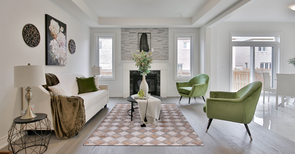 a leather rug placed in a simple guest room