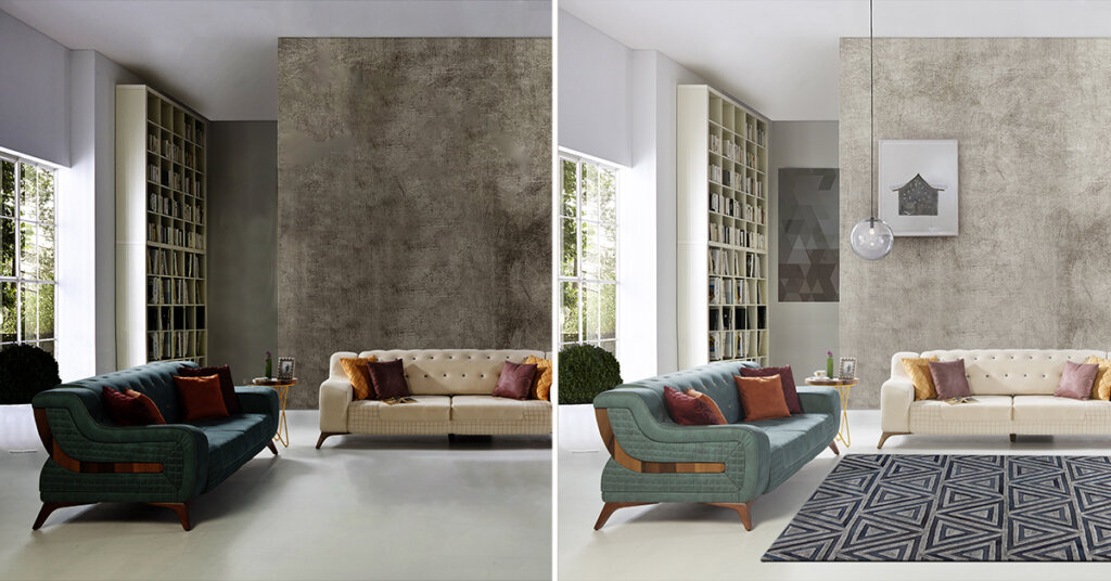 5.A living room with no theme dull room and the second image is a living room with proper rugs being highlighted as the focal point living room comparison